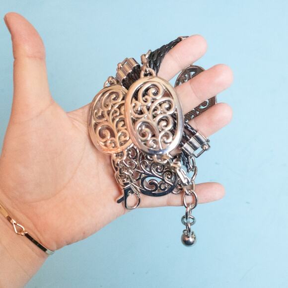 Silver Metal Black Leather Braided Chain Style Adjustable Clasp Waist Belt - Picture 1 of 6